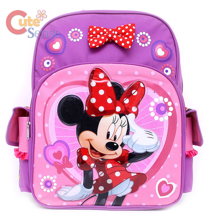 Disney Minnie Mouse Backpack School Bag W 3d Bow Pink And Purple 16