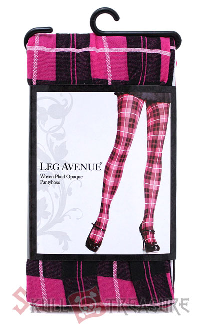 Leg Avenue Woven Pink Black Plaid Opaque Pantyhose Thighs