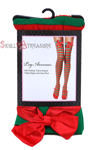 Leg Avenue Christmas  Jolly holiday Striped Thigh Highs with Satin Bow