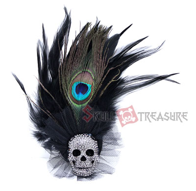 Skull Peacock Feather Hair Pin / Brooch