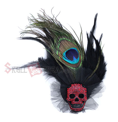 Red Skull Peacock Feather Hair Pin / Brooch