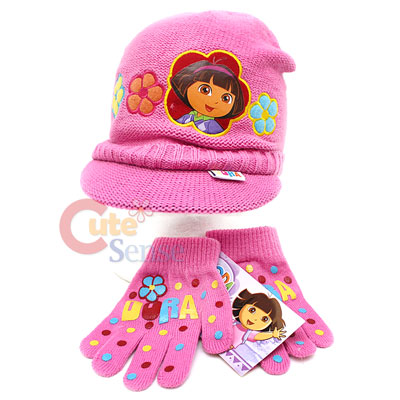 Dora the Explorer Gloves Cap Beanie Set :Pink Flowers