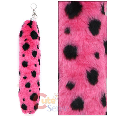 Fox Tail Keychain -Pink Black Dots Plush Fur