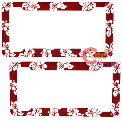 Red  Hawaiian Flowers  License Plate Frame 2pc Set