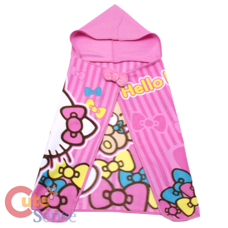 Sanrio Hello Kitty Fleece Blanket Hood Hat Pancho Blanket Pink Candy Bow Bear Ebay 