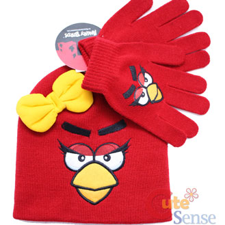 Angry Birds Red Birds with Bow  Gloves,Beanie 2PC Set