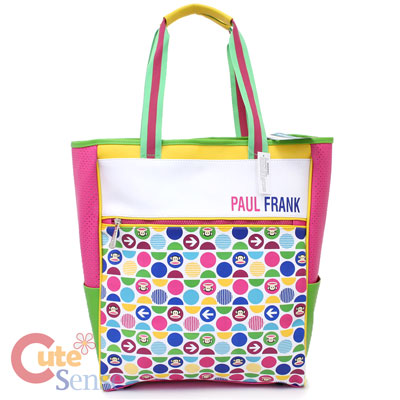 Paul Frank Leather Tote Shoulder Bag 16in Neon Pink Green