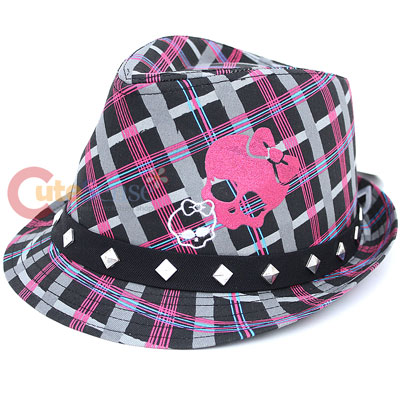 Monster High Girls Fedora Hat Pink Grey Plaid with Stud