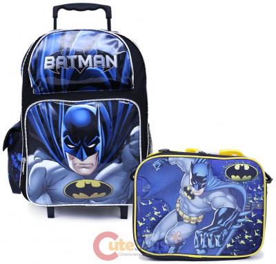 Batman Rolling Backpack 16/" Large Rolling Backpack Lunch Bag 2 pc Set