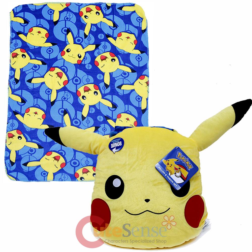 Pokemon Fleece Throw Blanket with Pikachu Face Plush Pillow Cushion Set