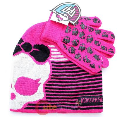 Monster High Skull Logo 2pc Gloves, Beanie Set - Pink Strip