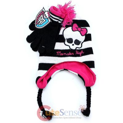 Monster High Skull Logo Laplander Beanie and Gloves Set -Mohican Black White