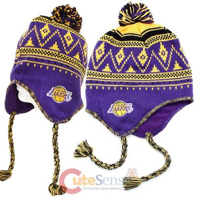 Los Angeles Lakers Laplander Hat Beanie with Furry Ball by adidas