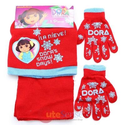 Dora The Explorer  Kids Beanie  Gloves and  Scarf Set : Dora's Snow Days Red