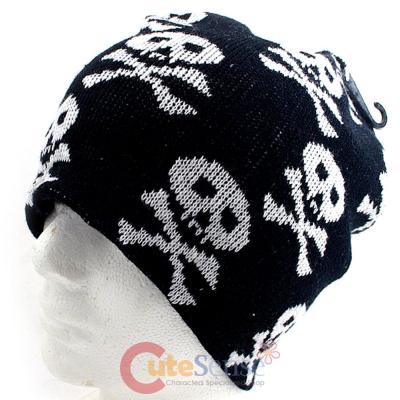 Skull Crossbones All Over Beanie  in knitted Black  Hat