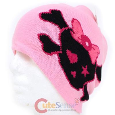 Cute Bow Skull Crossbones Beanie  in knitted Pink Hat