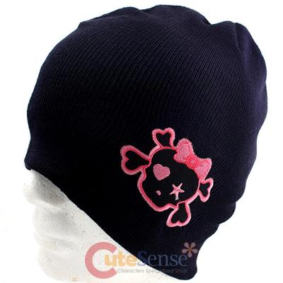 Small Cute Bow Skull Cross Bones Patch Beanie in Black knitted Hat with Star Eye