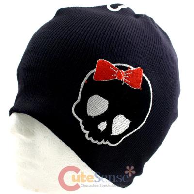 Cute Red Bow Alien Skull  Patch Beanie in Black knitted Hat