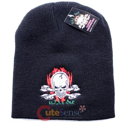 Flaming Skull Crossbones Patch Beanie in Black knitted Hat