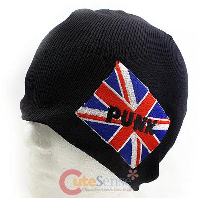 UK Flag  Union Jack England  Patch Beanie in Black knitted Hat