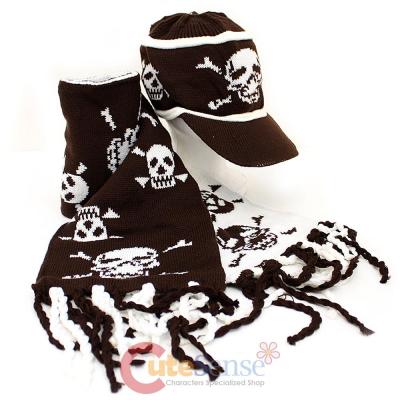 Skull Crossbones All Over knitted Beanie Cap with Scarf -Brown