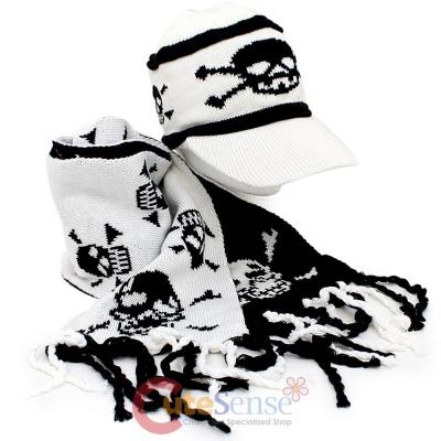 Skull Crossbones All Over knitted Beanie Cap with Scarf -White