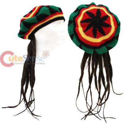 knitted  Rasta Beret  Hat with Hair Wig