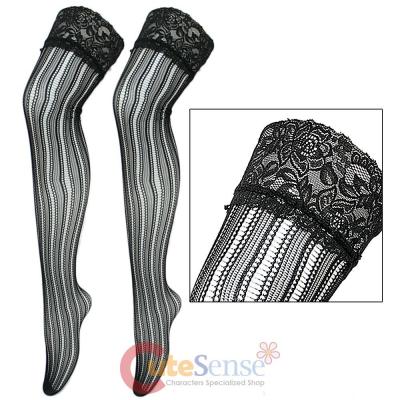 Black Striped Fishnet Stay Up Thigh Highs Stockings Leggings