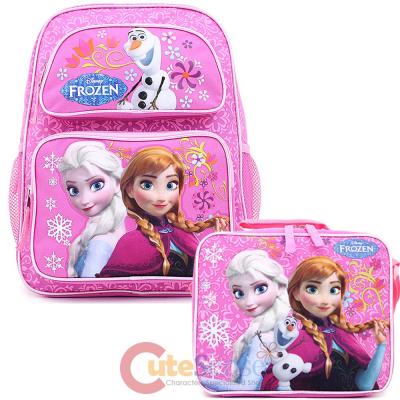 Disney Frozen 14" Medium School Backpack Lunch Bag 2pc Set Elsa Anna Bag -Pink Floral Snowflake