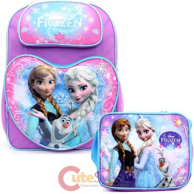 Disney Frozen 16" Large School Backpack Lunch Bag 2pc Set Elsa Anna Bag -Purple Snowflake Heart