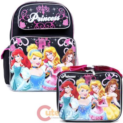 Disney Princess Large School Backpack Lunch Bag 2pc Set -Black Pink