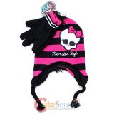 Monster High Skull Logo Laplander Beanie and Gloves Set -Mohican Black Pink