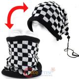 Black and White Checkered Plaid  Convertible  Neck Warmer Beanie