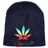 Rasta Striped Pot Leaf Patch Beanie in Black knitted Hat