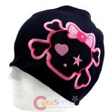 Large Cute Bow Skull Cross Bones Patch Beanie in Black knitted Hat with Star Eye