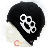 White Figure Buckle  Beanie in Black knitted Hat