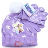 Disney Frozen Elsa Anna Cuffed Beanie Gloves set with Fully Ball -Purple Snowflakes