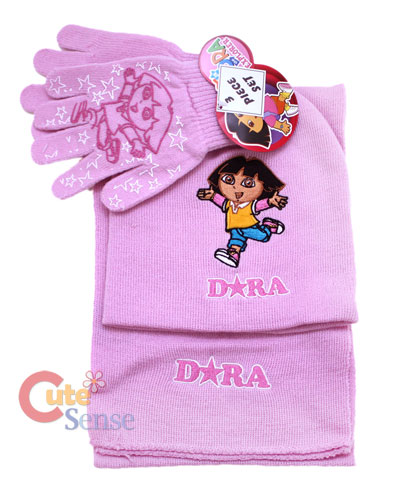 Dora the Explorer Gloves,Beanie, Scarf Set   3pc Pink  