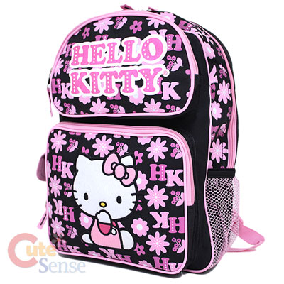 Sanrio Hello Kitty School Backpack Black Flowers 16 Large