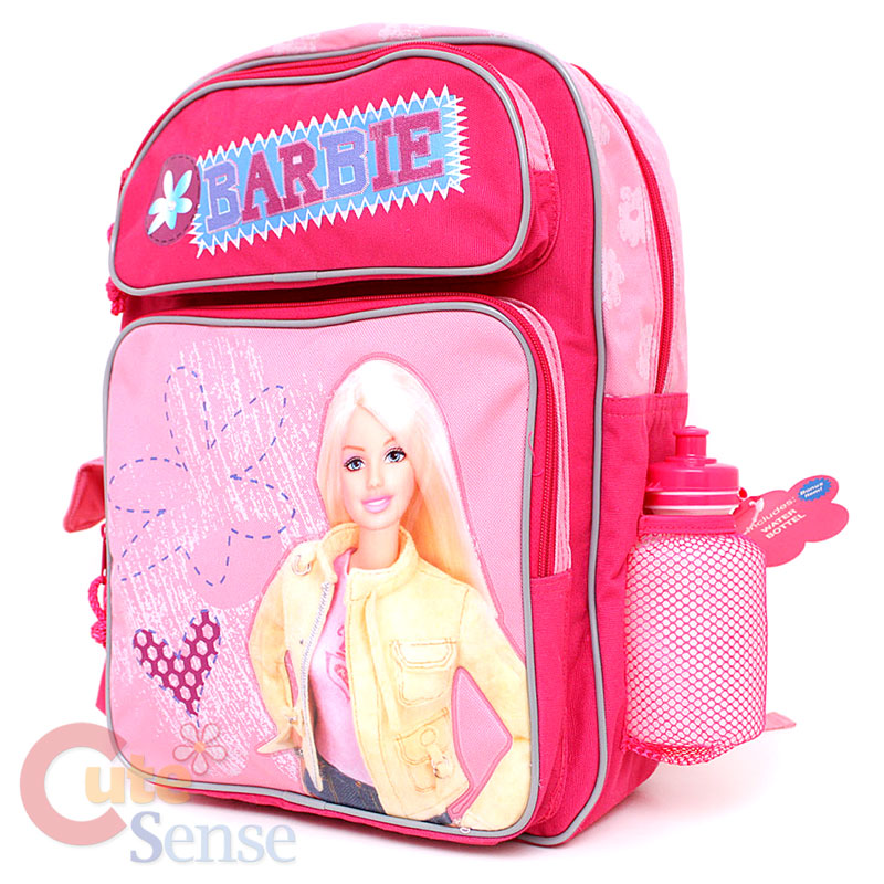 Barbie School Backpack Book 16 Large Bag  Pink Flowers w/Water Bottle 