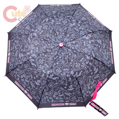 Monster High Retractable Umbrella w/ Pink Bow Skull Figurine 