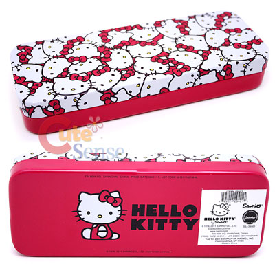 Sanrio Hello Kitty Metal Pencil Case  Red Bows Face 795229204215 