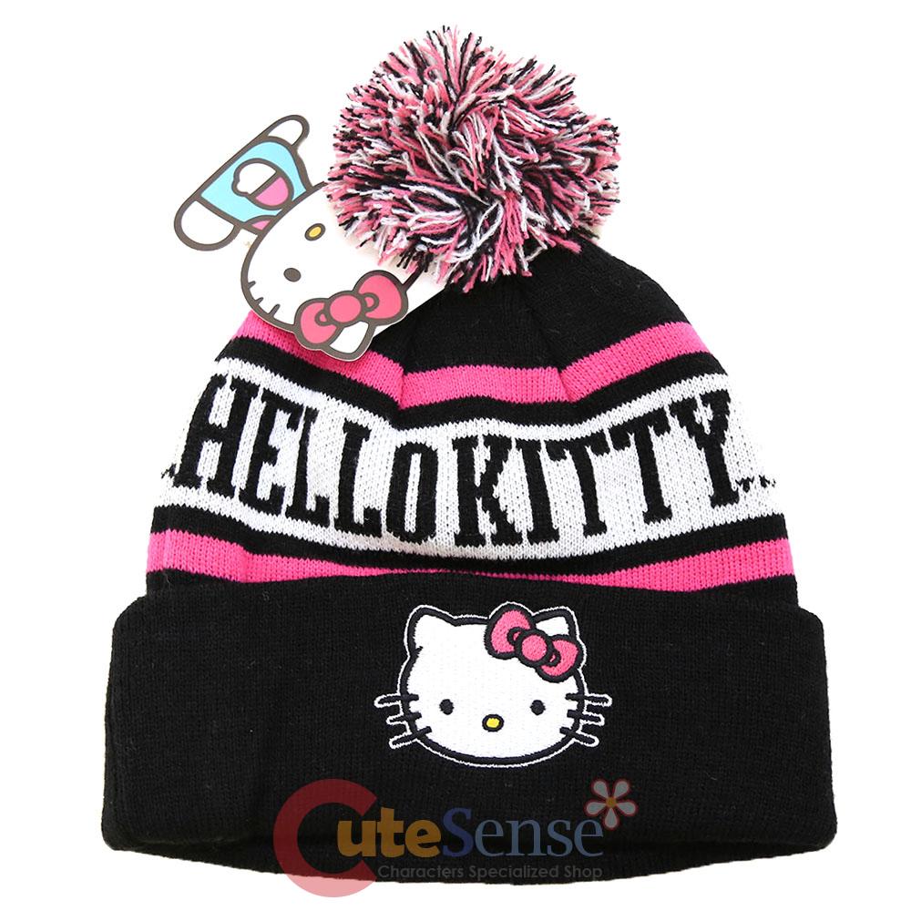 Sanrio Hello Kitty Beanie Intarsia Cuff Pom Beanie Hat Pink Black Cap ...