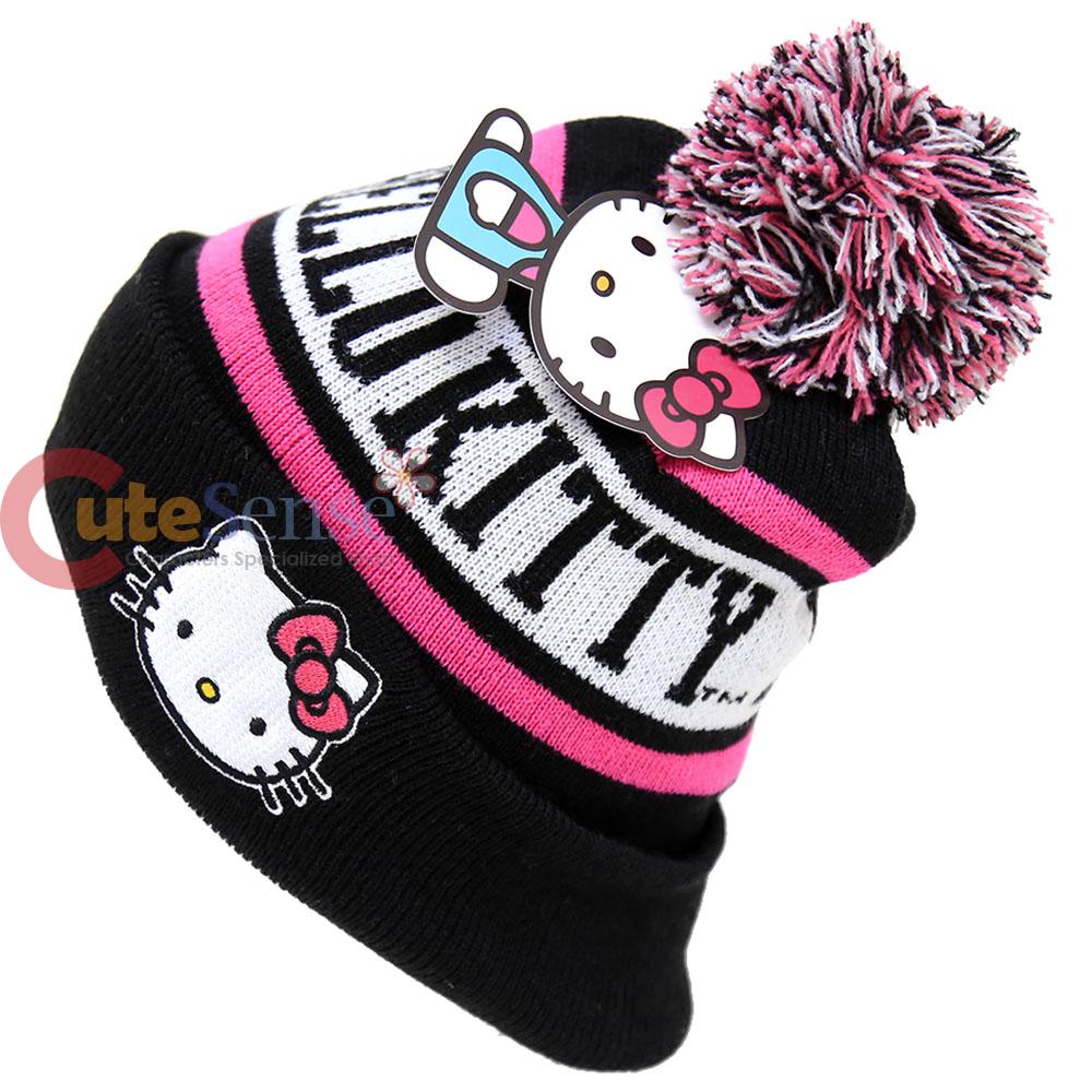 Sanrio Hello Kitty Beanie Intarsia Cuff Pom Beanie Hat Pink Black Cap ...